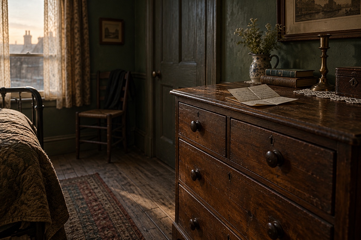 Illustration contemporaine : Chambre vide avec lit, porte fermée et lettres sur une commode.