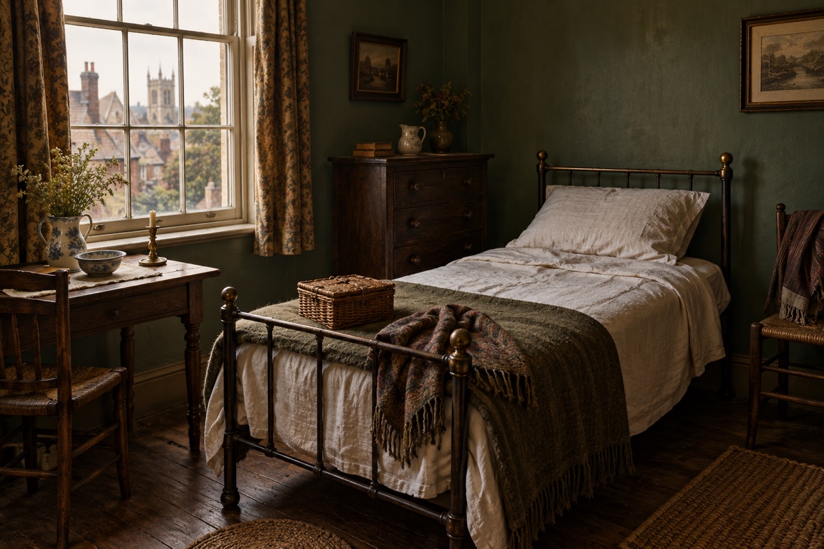 Illustration contemporaine : Lit et linge de lit dans une chambre, panier en osier au pied.