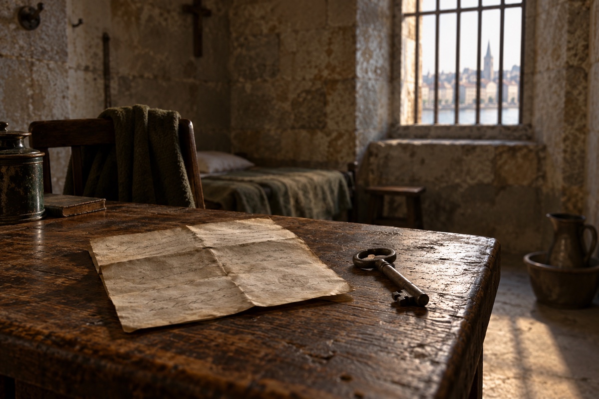 Illustration contemporaine : Lettre ouverte et grande clé sur une table de pierre, lit et fenêtre grillagée à l’arrière-plan.