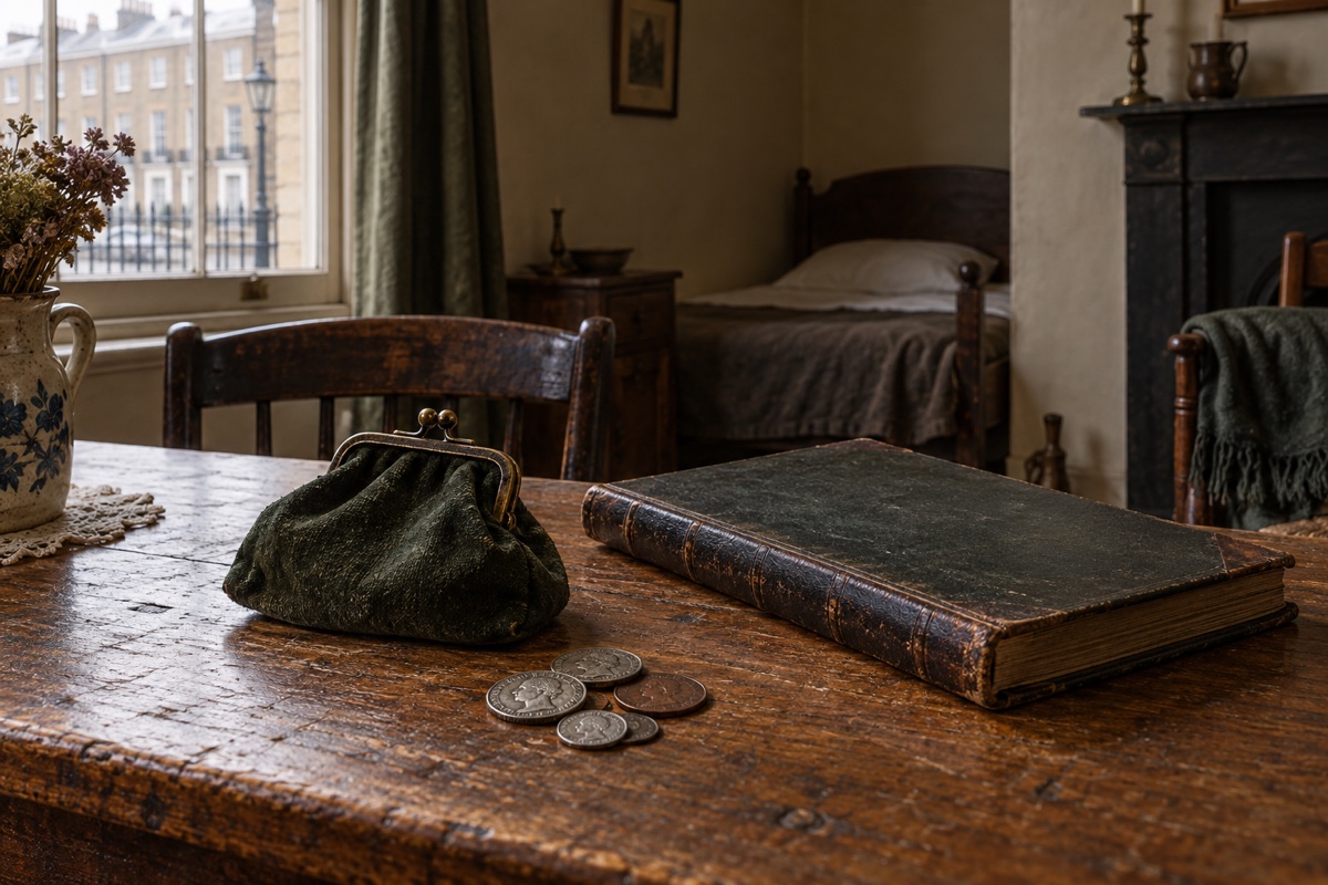 Illustration contemporaine : Bourse, pièces et livre fermé sur une table dans une chambre donnant sur une rue.