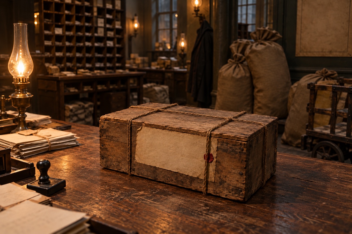Illustration contemporaine : Colis de bois ficelé sur un bureau couvert de papiers, sacs et matériel de poste.