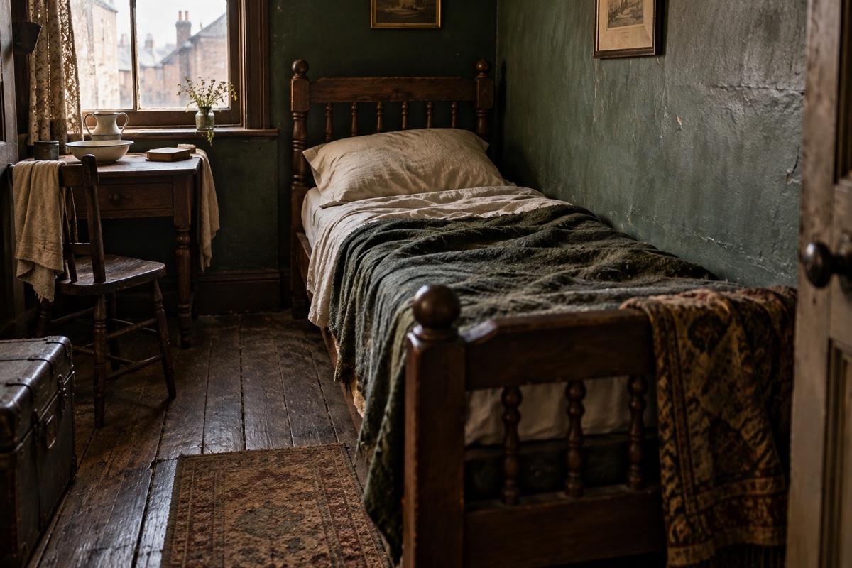 Illustration contemporaine : Lit défait, table de toilette, chaise et fenêtre dans une petite chambre.