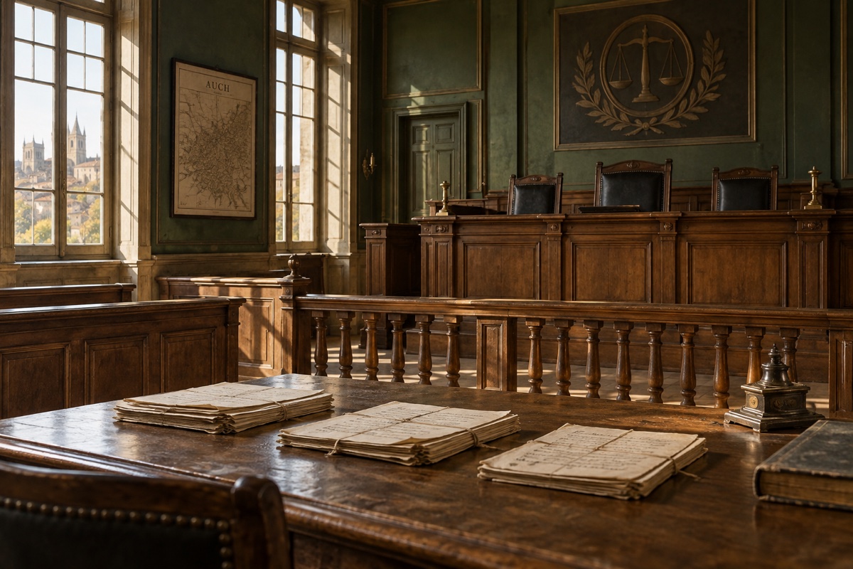 Illustration contemporaine : Salle d’audience vide avec banc des juges, dossiers sur une table et plan au mur.