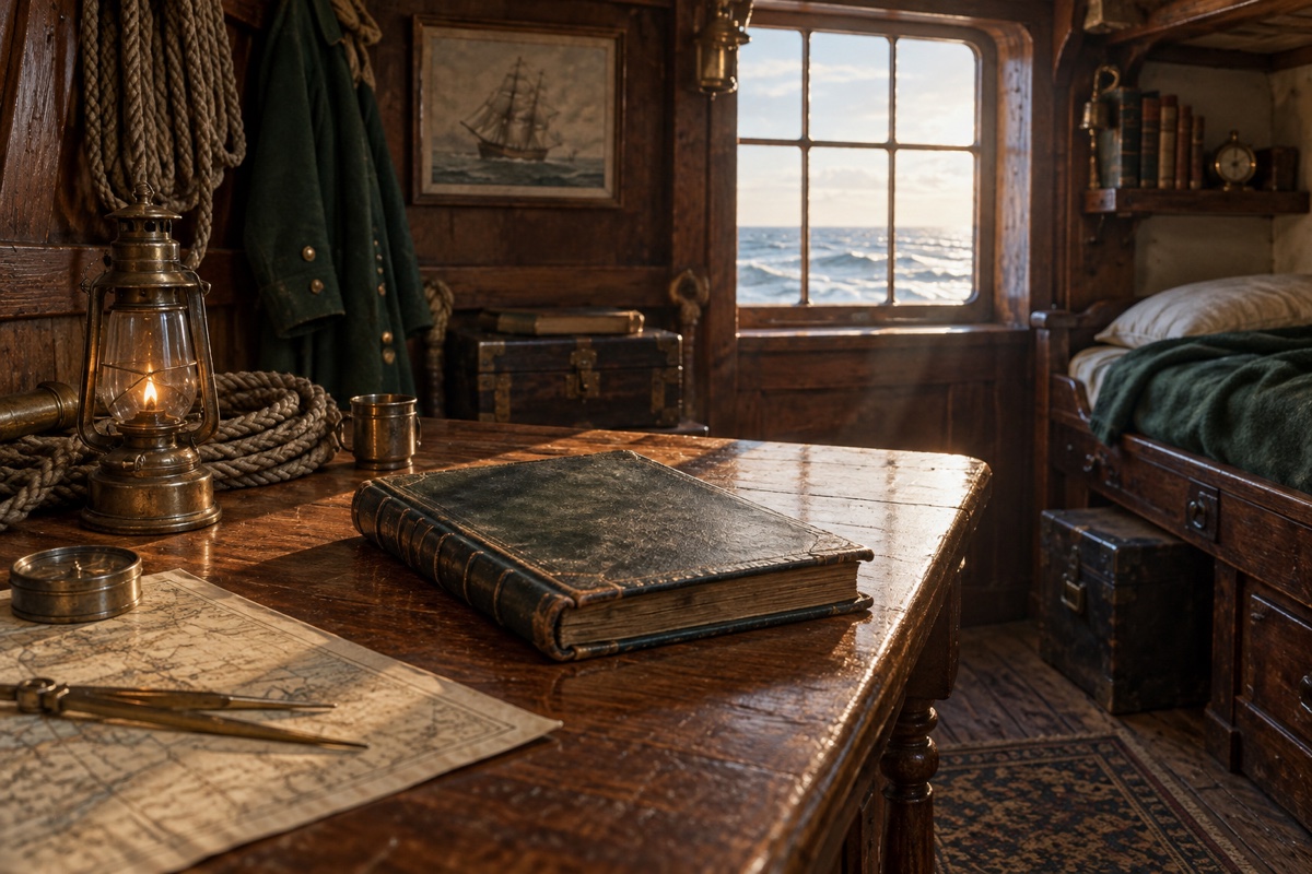 Illustration contemporaine : Livre fermé, carte et compas sur une table dans une cabine de navire, mer visible par la fenêtre.