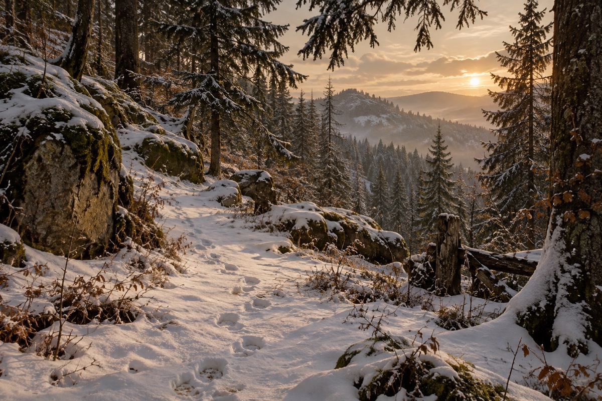 Illustration contemporaine : Empreintes sur un sentier enneigé dans une forêt de conifères, vallée au soleil bas.