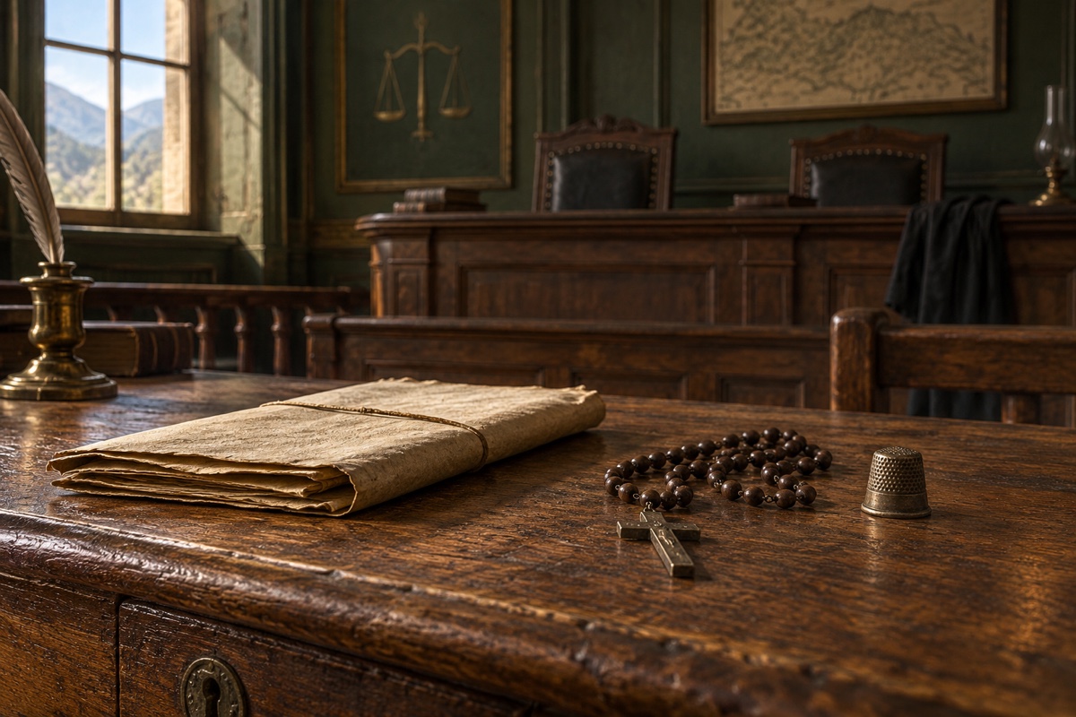 Illustration contemporaine : Document ficelé et chapelet sur une table d’audience.