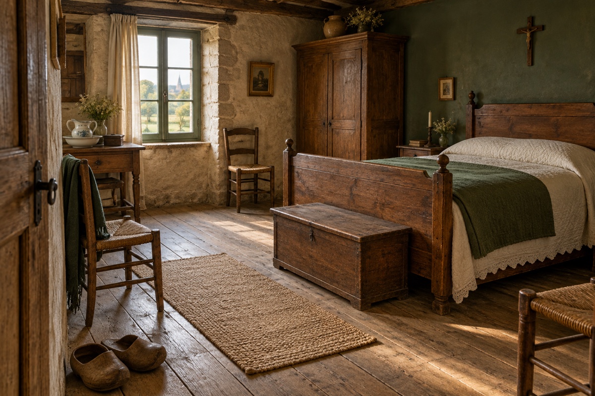 Illustration contemporaine : Chambre avec lit fait, coffre au pied du lit, chaises et sabots sur le plancher.