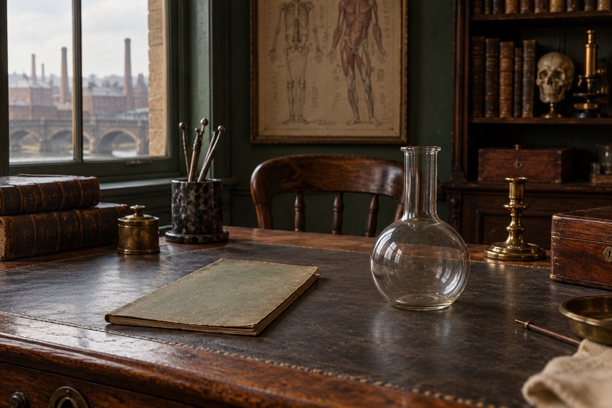 Illustration contemporaine : Fiole de verre, dossier fermé et instruments sur une table dans un cabinet médical.