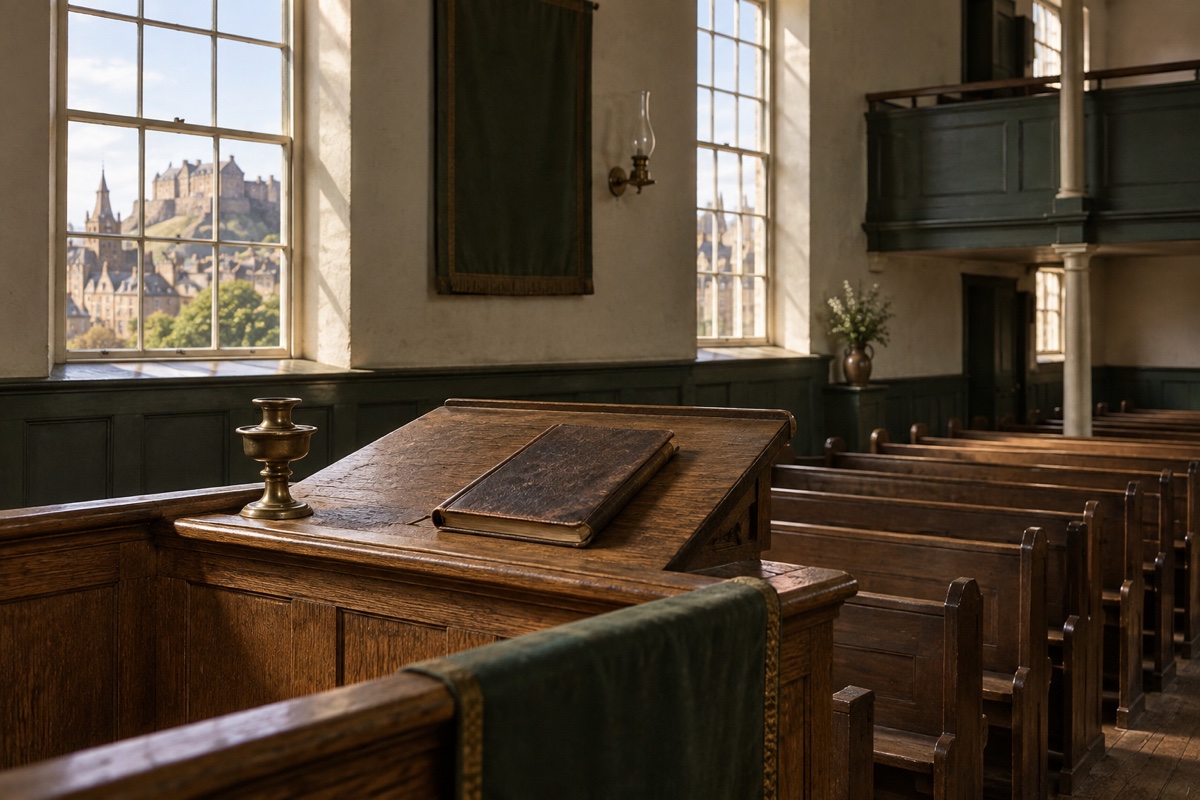 Illustration contemporaine : Église vide avec pupitre portant un livre fermé, bancs et galerie.