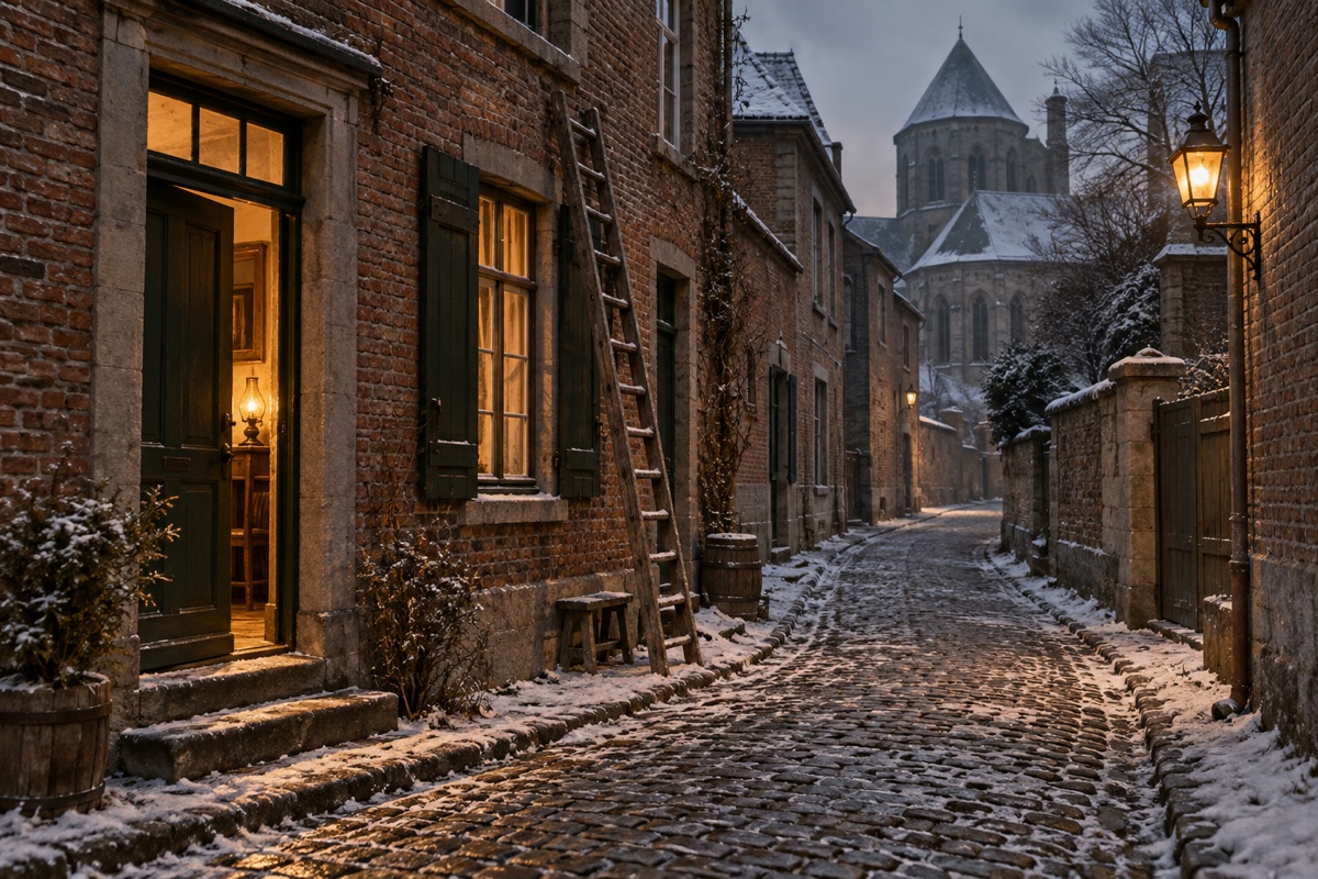 Illustration contemporaine : Échelle contre une maison de brique dans une ruelle enneigée, porte et fenêtres éclairées.