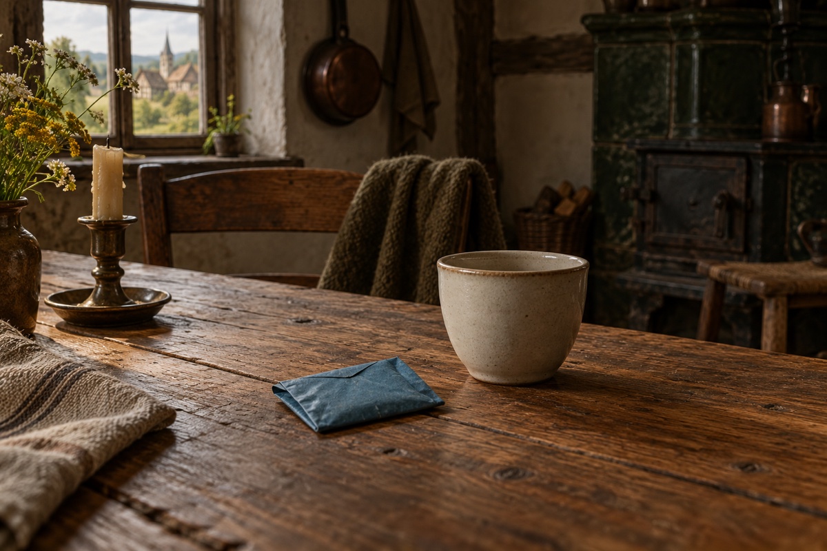 Illustration contemporaine : Sachet bleu fermé sur une table avec chope et bougie dans une cuisine de ferme.