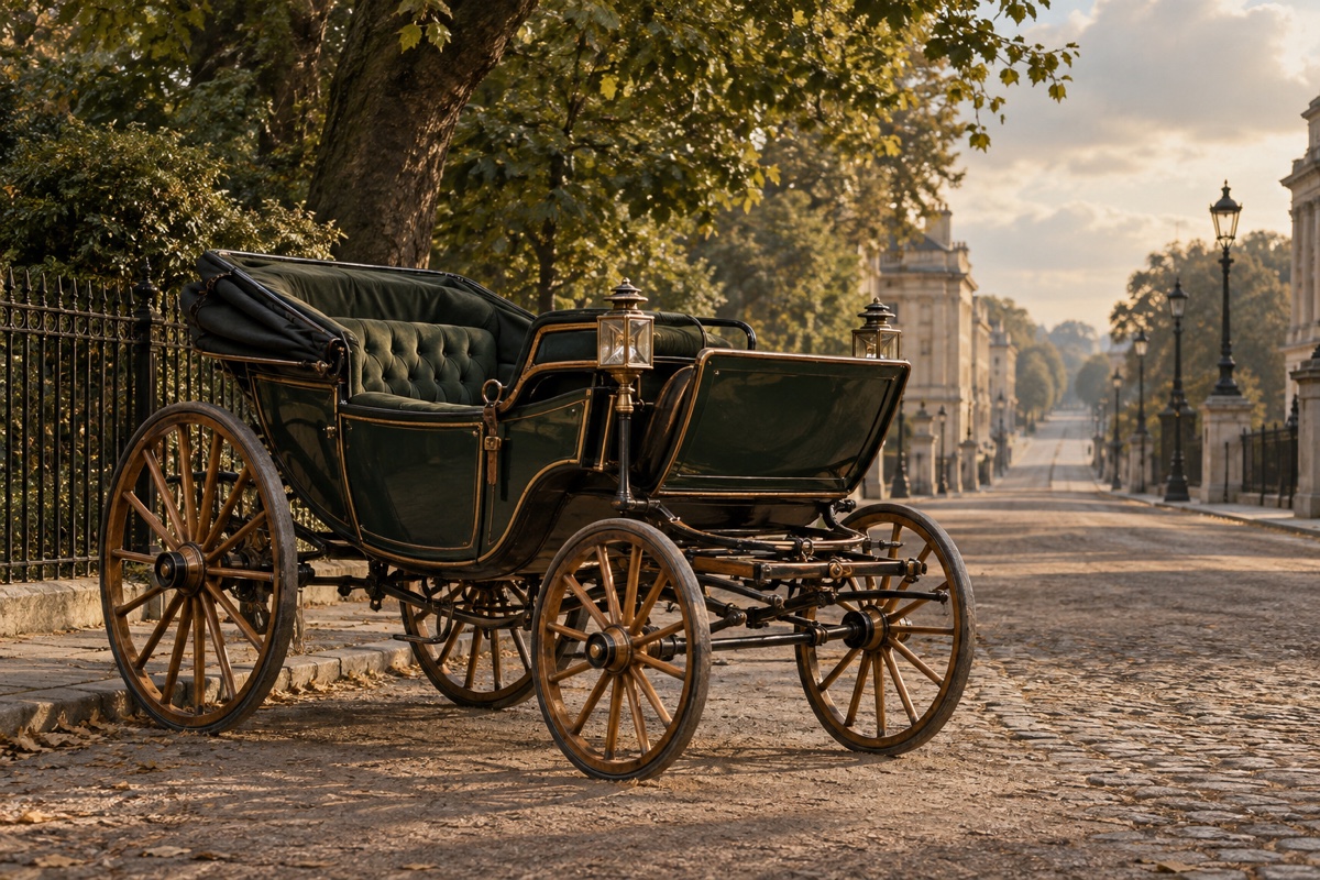 Illustration contemporaine : Voiture ouverte vide près d’une grille et d’un arbre au bord d’une avenue pavée.