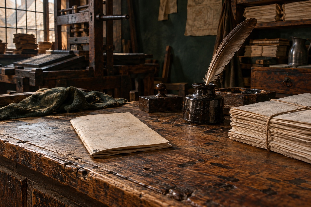 Illustration contemporaine : Presse d’imprimerie, feuillets, plume et encrier dans un atelier.
