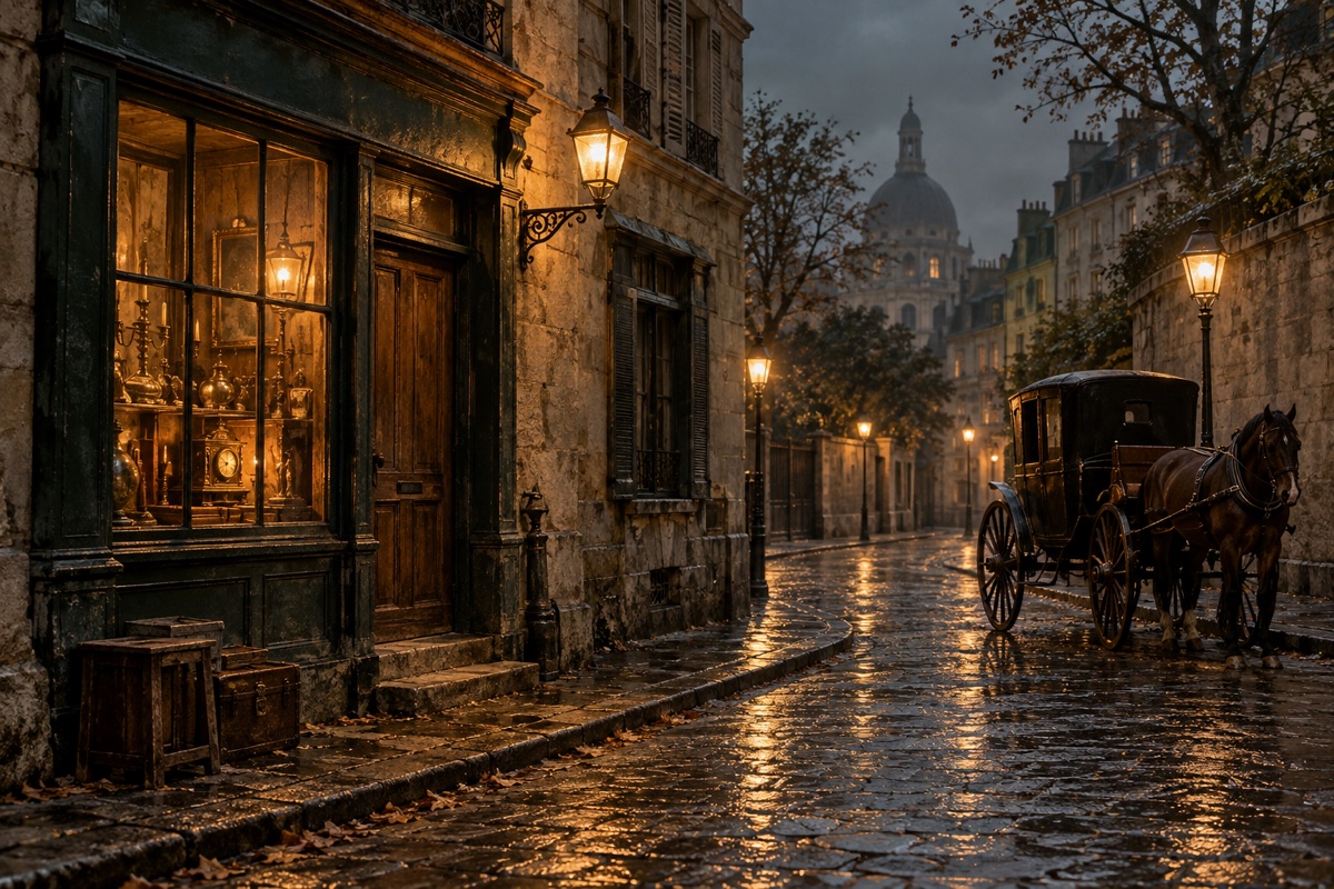 Illustration contemporaine : Devanture éclairée, rue pavée mouillée et voiture à cheval au crépuscule.