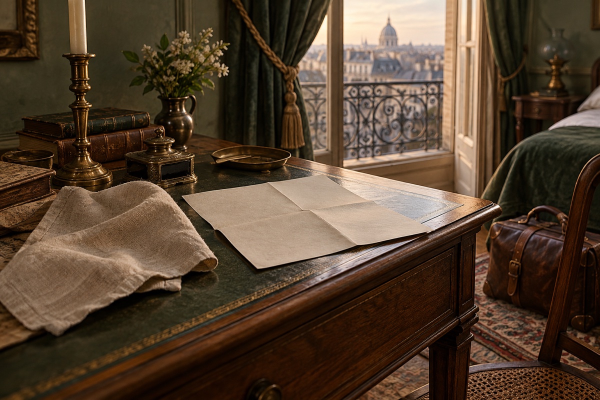 Illustration contemporaine : Feuilles de papier et linge plié sur un bureau près d’une fenêtre ouverte sur les toits.