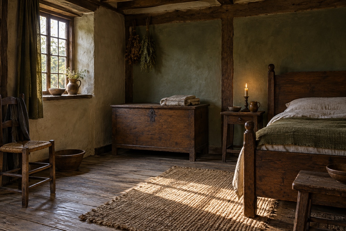 Illustration contemporaine : Lit, coffre, chaise et bougie allumée dans une chambre aux poutres apparentes.