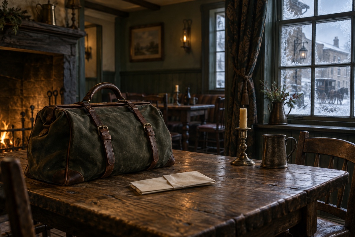 Illustration contemporaine : Sac de voyage et lettre sur une table d’auberge, voiture visible par la fenêtre enneigée.