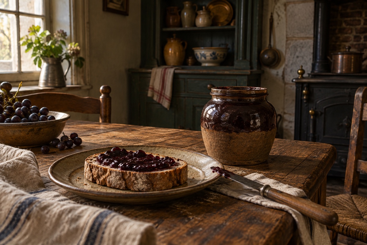 Illustration contemporaine : Tranche de pain au raisiné, pot et raisins sur une table.