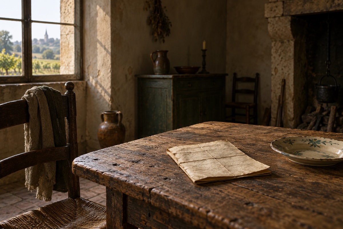 Illustration contemporaine : Document plié sur une table rustique près d’une assiette dans une pièce donnant sur les vignes.