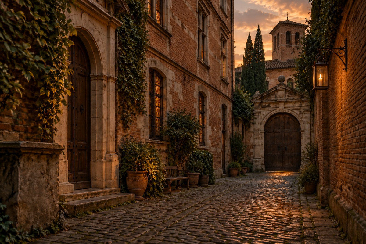 Illustration contemporaine : Ruelle pavée bordée de façades de brique, portes fermées, lanterne allumée et tour au crépuscule.