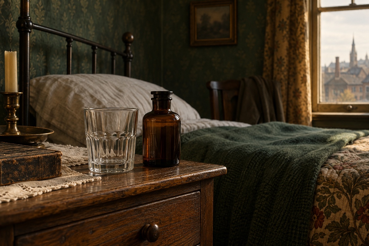 Illustration contemporaine : Verre et flacon brun sur une table de chevet près d’un lit.