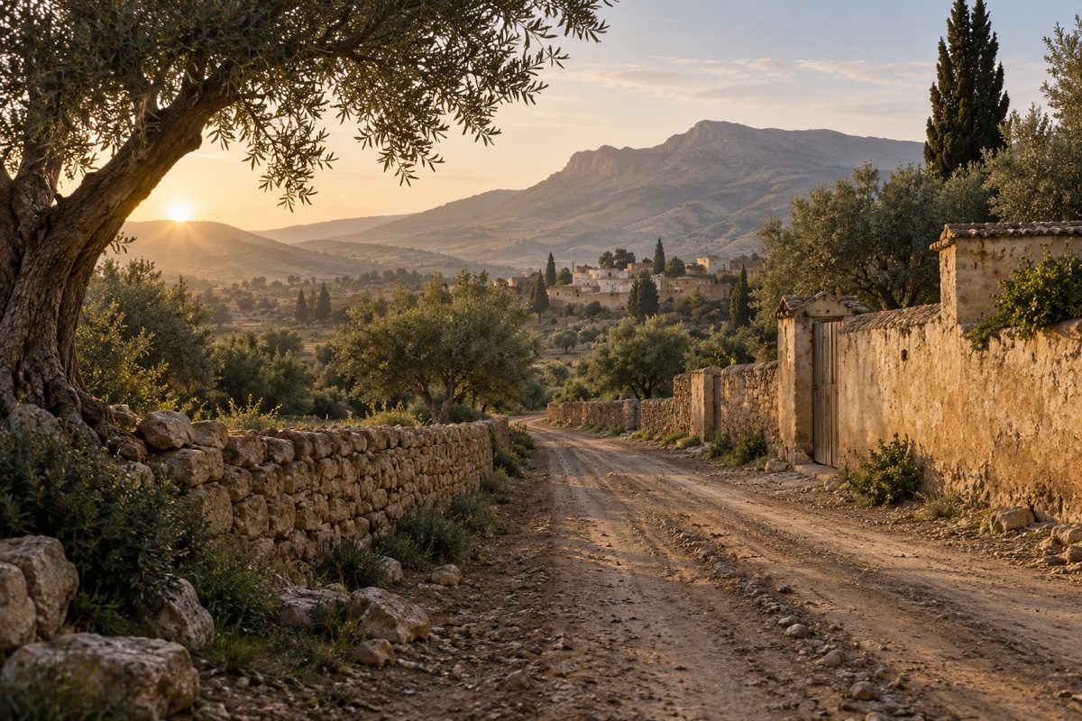 Illustration contemporaine : Chemin de terre entre murs et oliviers, village et montagnes au soleil bas.