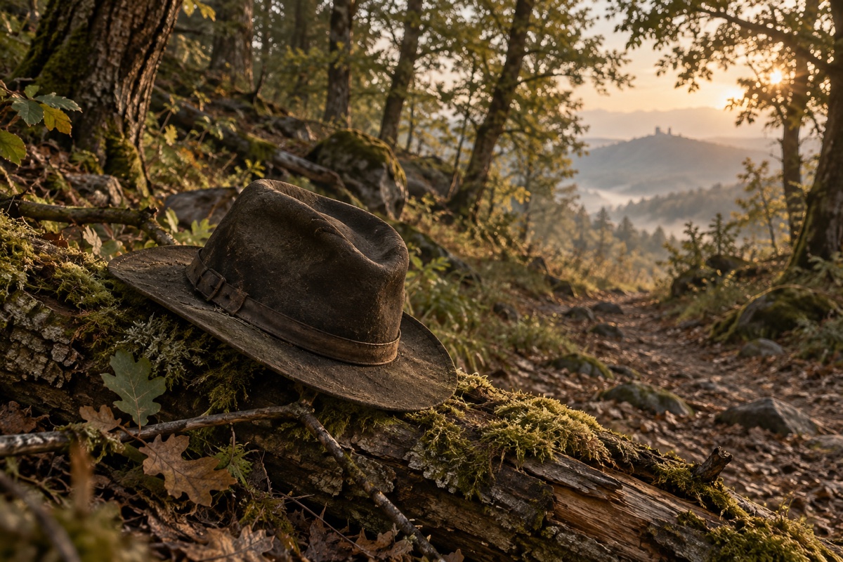 Illustration contemporaine : Chapeau posé sur un tronc couvert de mousse près d’un sentier forestier.