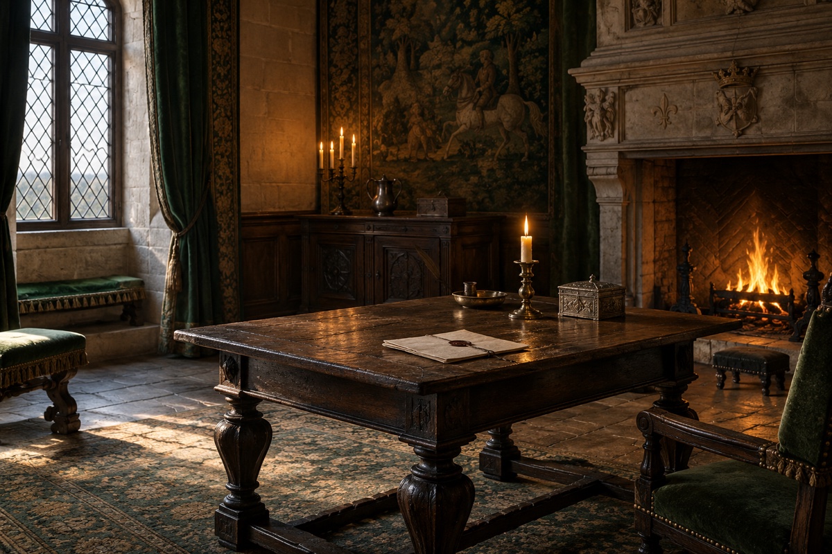 Illustration contemporaine : Lettre cachetée et bougie sur une grande table dans une salle avec cheminée allumée.