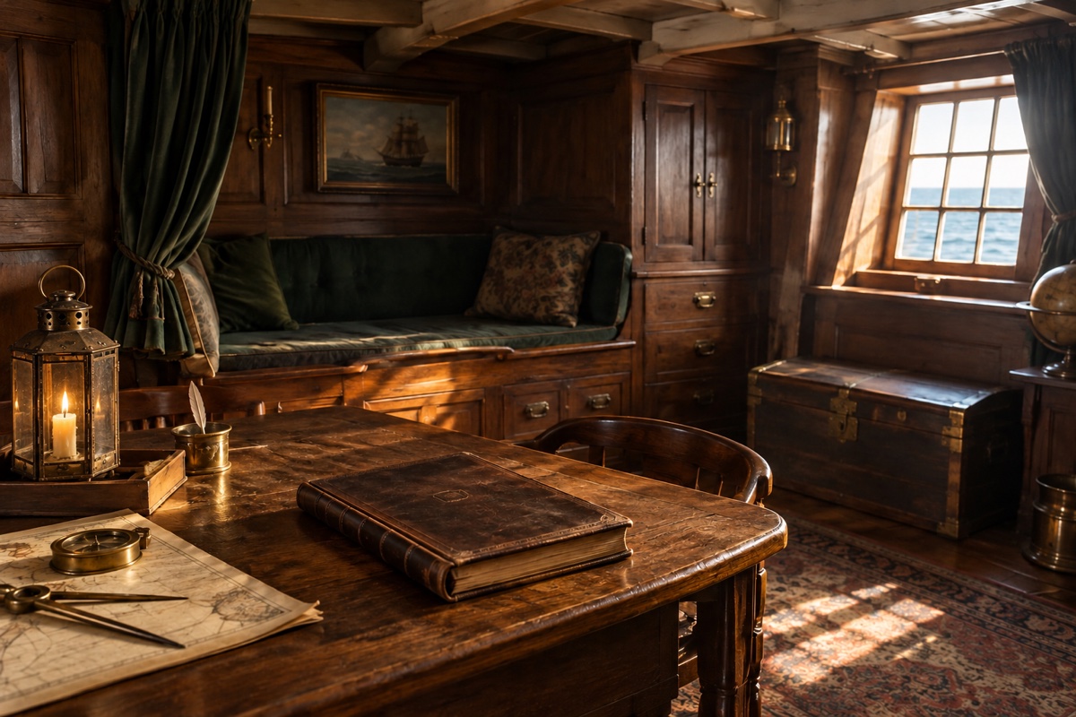 Illustration contemporaine : Cabine de navire en bois avec table, banquette, lampe, cartes et fenêtre sur la mer.