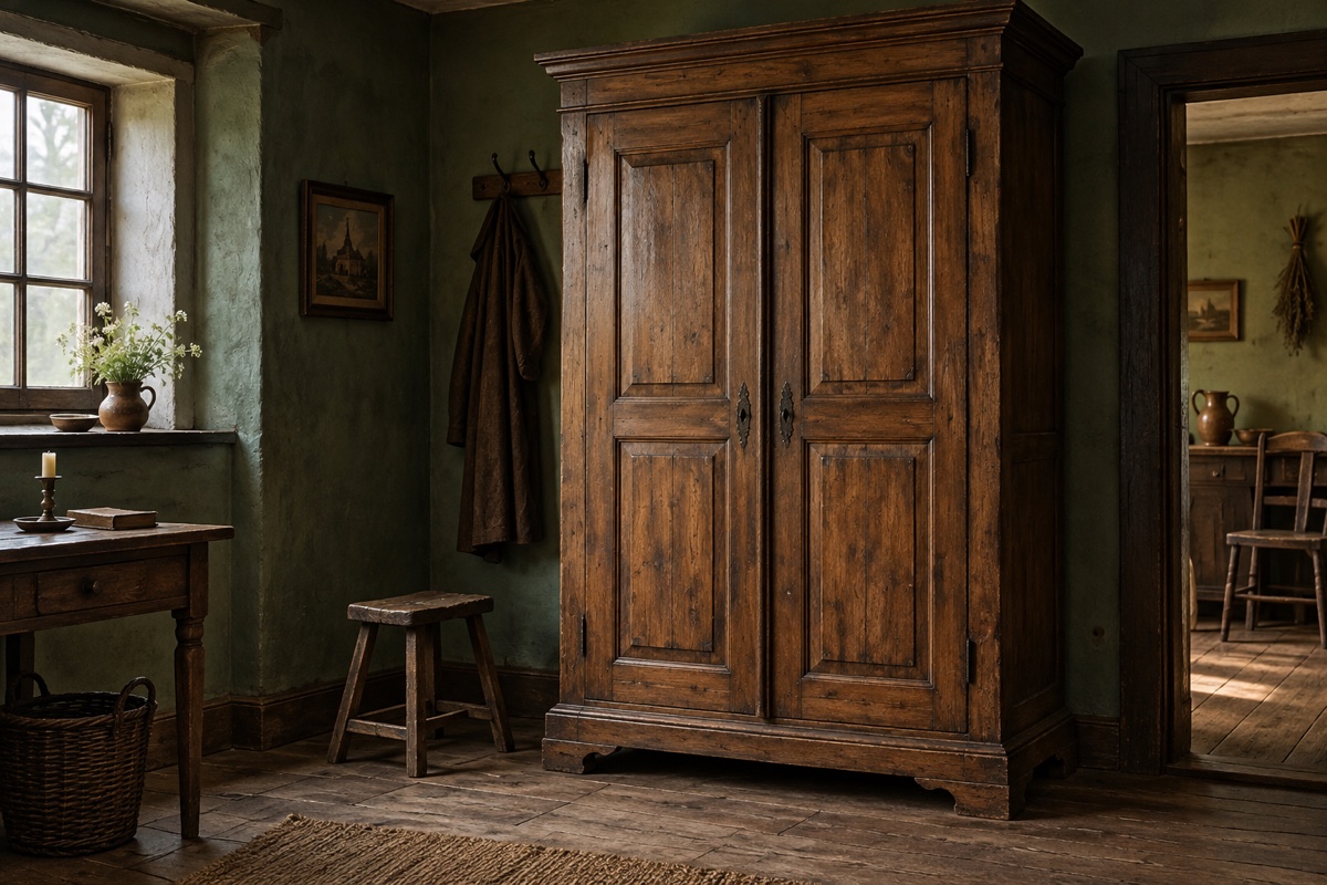 Illustration contemporaine : Grande armoire fermée dans une pièce meublée sobrement.