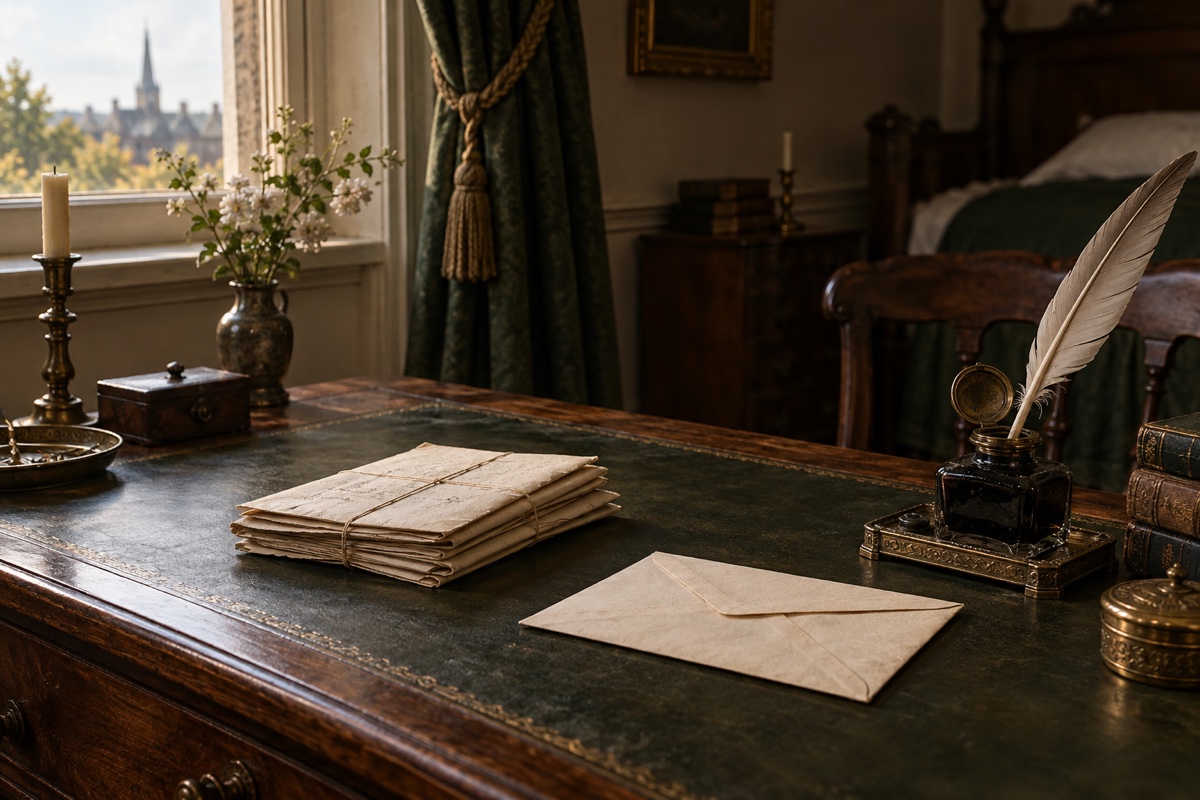 Illustration contemporaine : Lettres, enveloppe et plume sur un bureau.