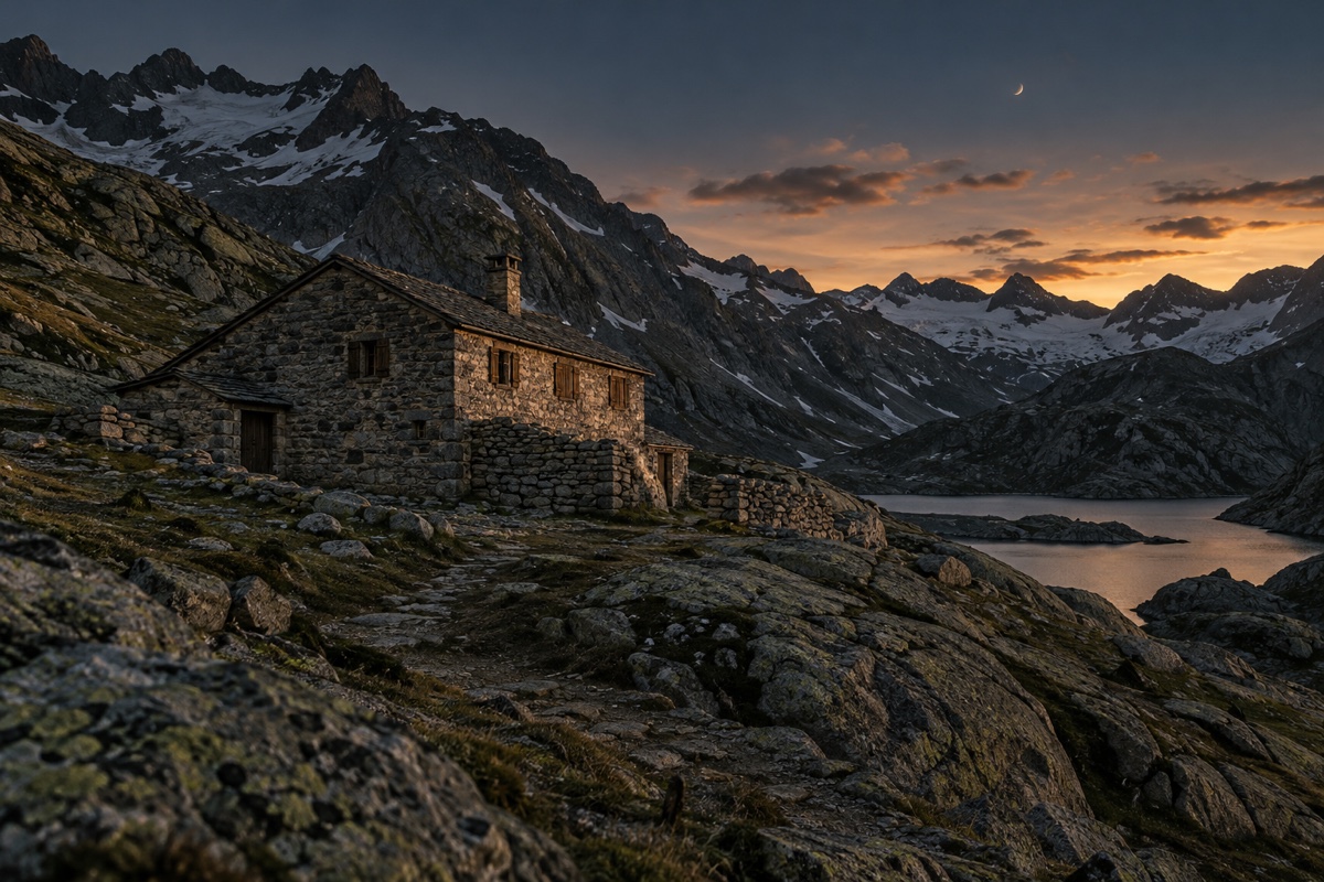Illustration contemporaine : Refuge de pierre au bord d’un lac alpin sous des sommets enneigés au crépuscule.