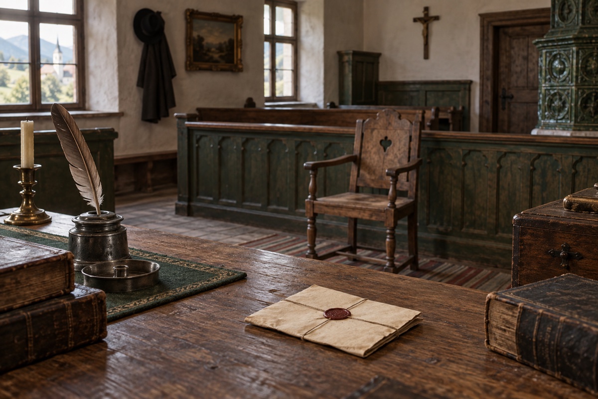 Illustration contemporaine : Salle d’audience vide avec pupitre, plume, encrier et document scellé au premier plan.