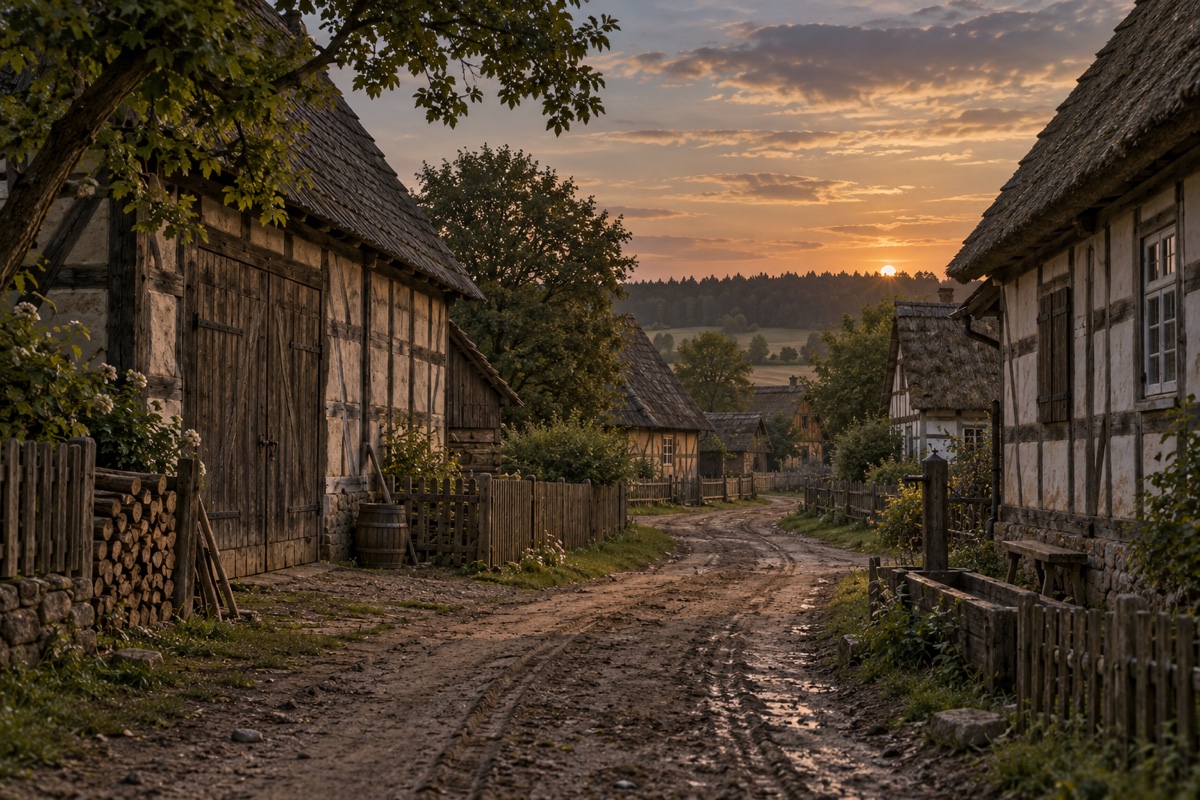 Illustration contemporaine : Rue boueuse bordée de maisons à colombages et de piles de bois au coucher du soleil.