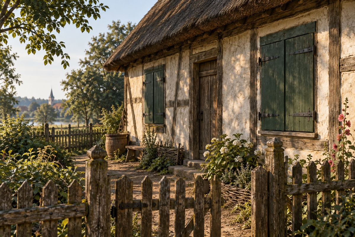 Illustration contemporaine : Maison à toit de chaume derrière une clôture, volets fermés et jardin.