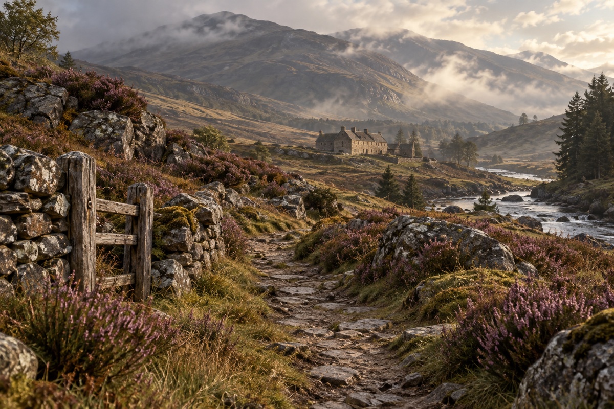 Illustration contemporaine : Sentier pierreux entre rochers et bruyères, bâtiment près d’un torrent et montagnes dans la brume.