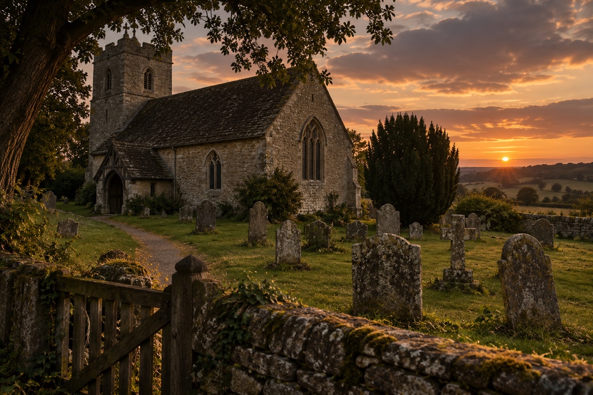 Illustration contemporaine : Église de pierre, tombes et muret dans un cimetière au soleil couchant.