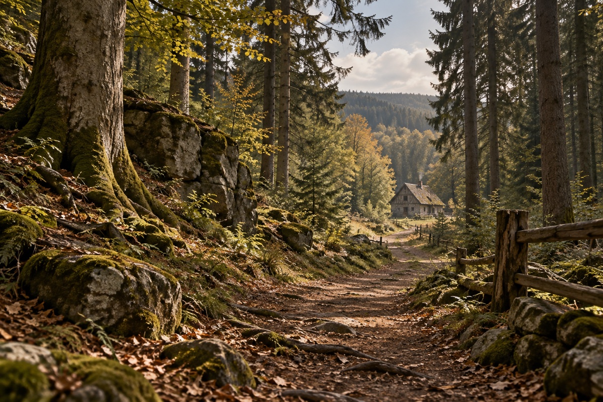 Illustration contemporaine : Sentier forestier entre rochers et conifères menant à une maison à colombages.