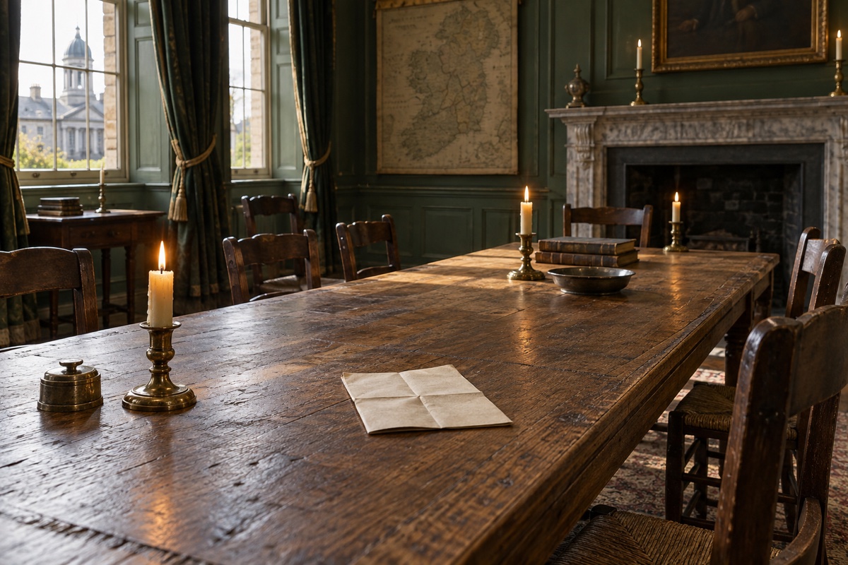 Illustration contemporaine : Salle de réunion vide avec longue table, bougies, papiers, chaises et cheminée.