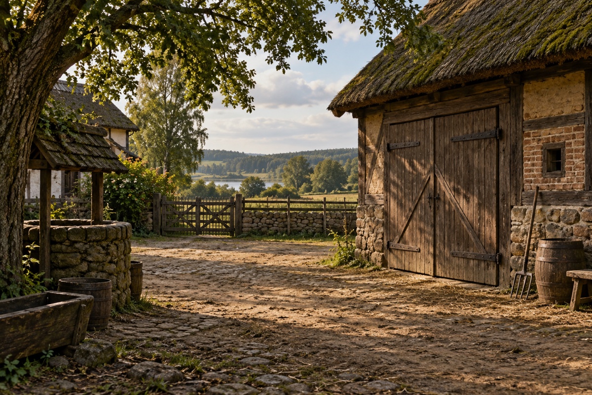 Illustration contemporaine : Cour de ferme pavée avec puits, grange de bois et tonneaux.