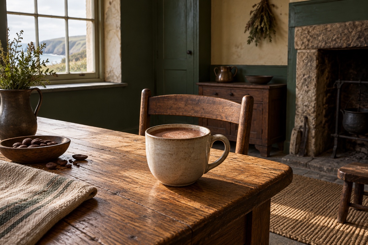 Illustration contemporaine : Tasse sur une table rustique près d’un foyer.