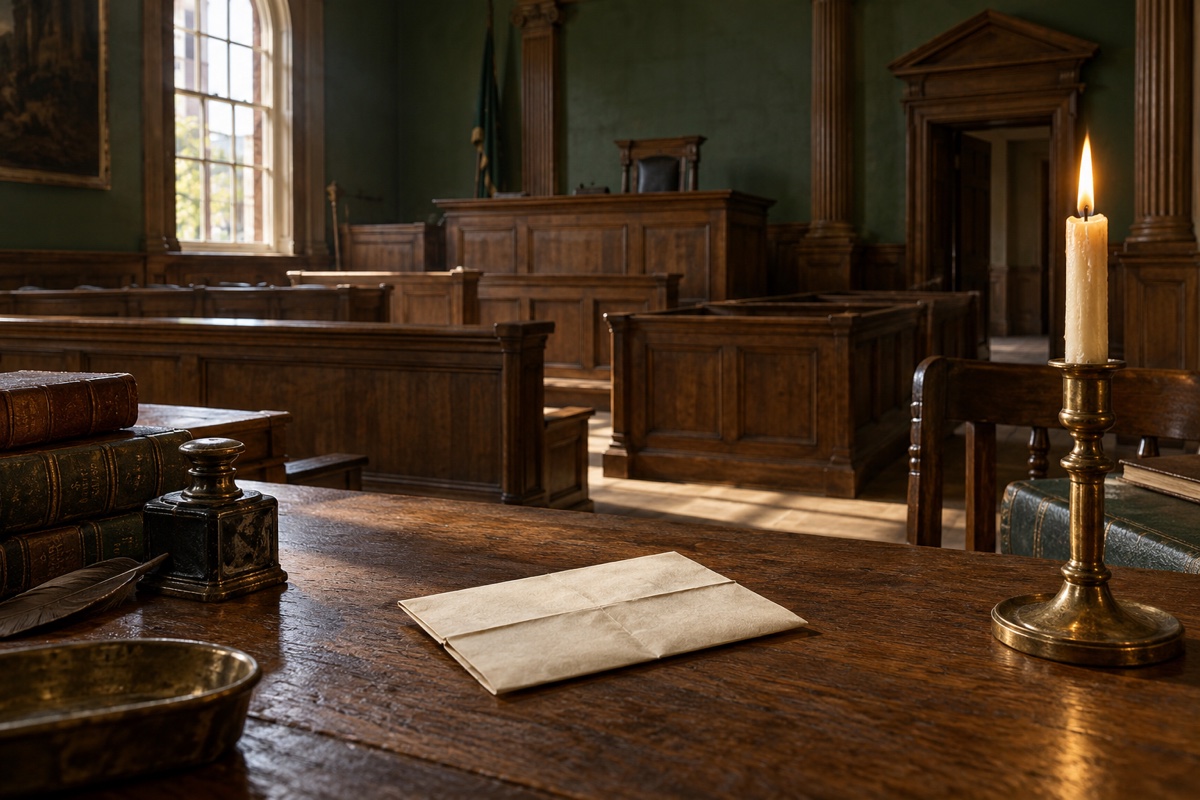 Illustration contemporaine : Enveloppe fermée, plume et bougie sur une table dans une salle d’audience vide.