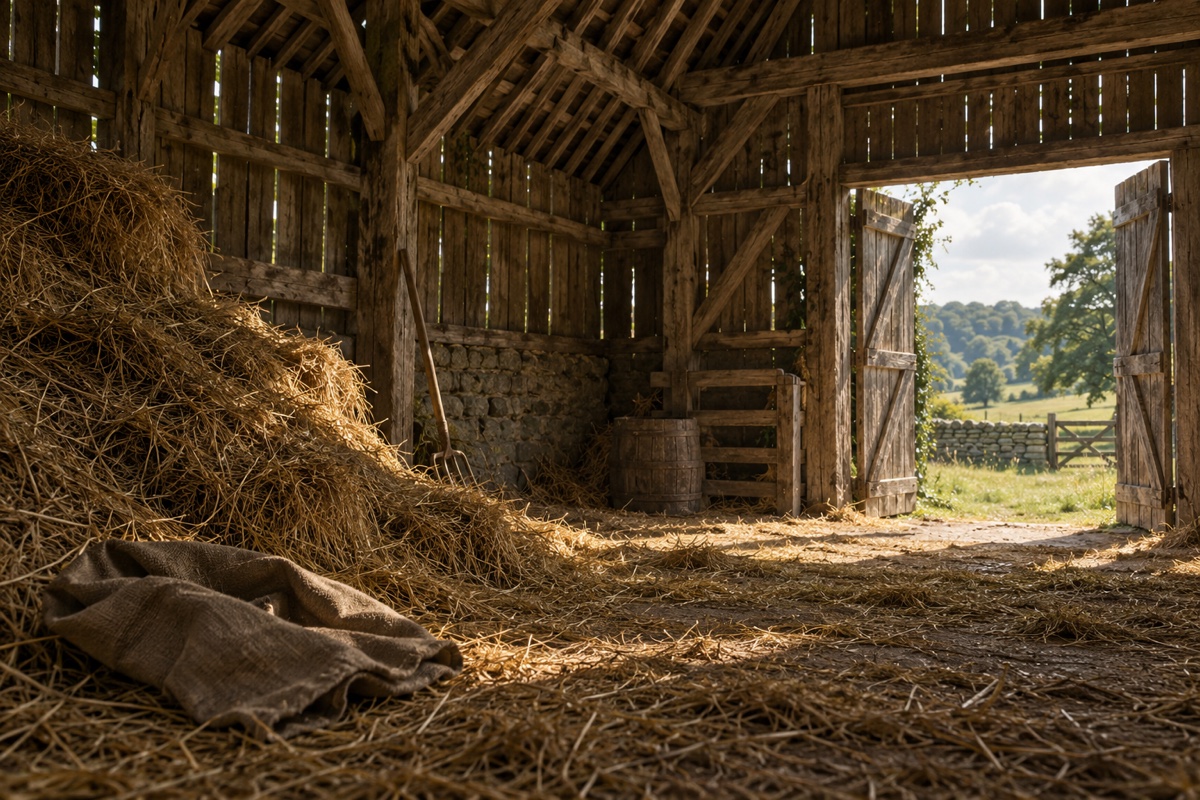Illustration contemporaine : Sac de toile ouvert près d’un tas de foin dans une grange aux portes ouvertes sur la campagne.