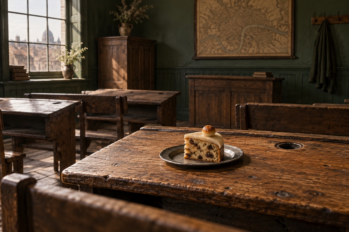 Illustration contemporaine : Part de gâteau sur une assiette posée sur une table dans une salle d’étude vide.