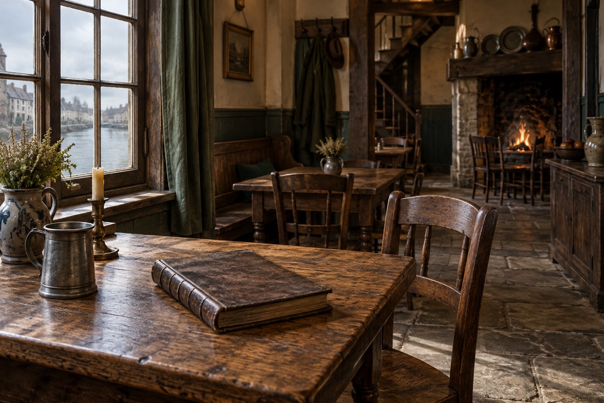 Illustration contemporaine : Livre fermé sur une table d’auberge, fenêtre donnant sur une rivière et cheminée allumée.