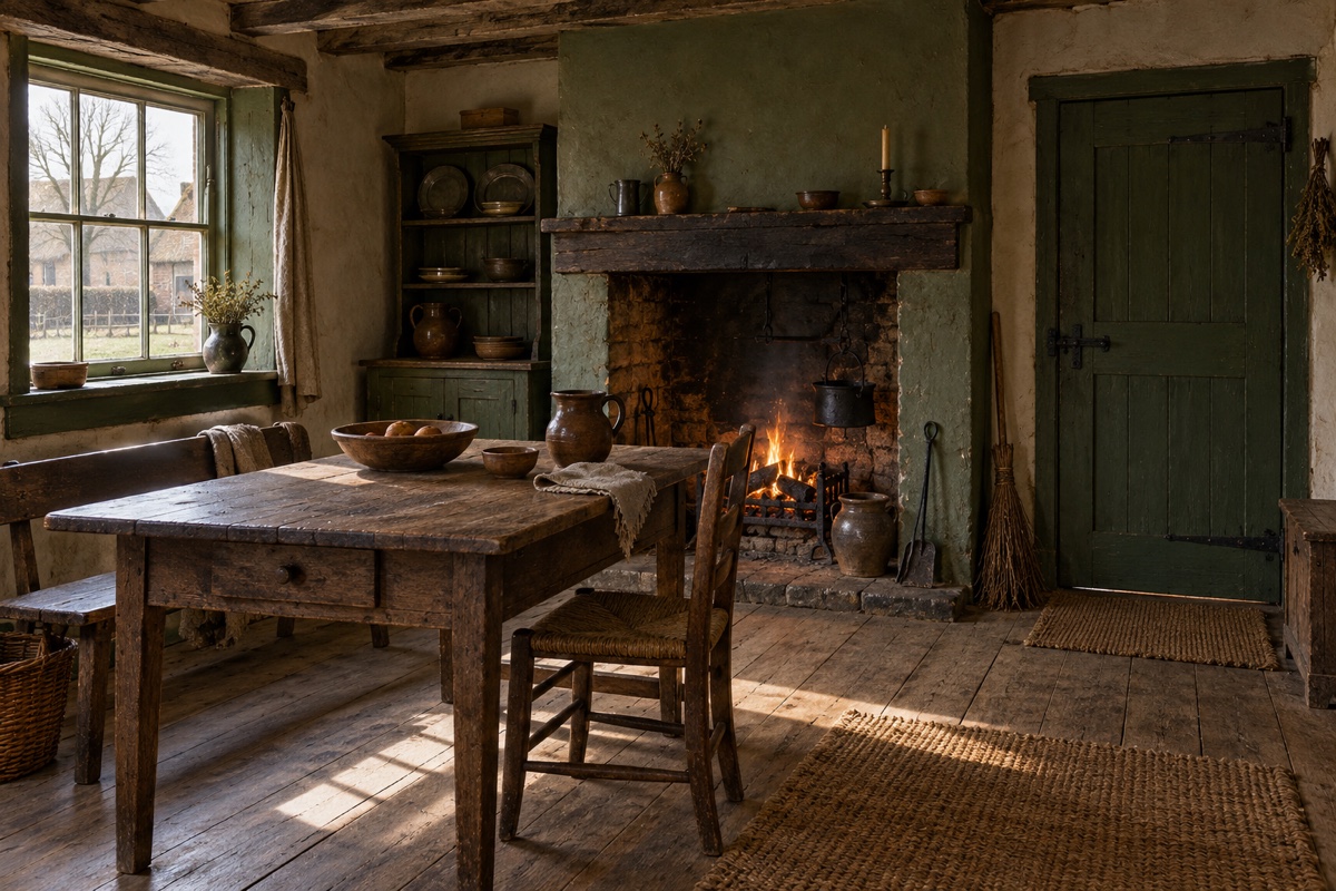 Illustration contemporaine : Pièce rustique avec table, foyer, étagères et porte fermée.