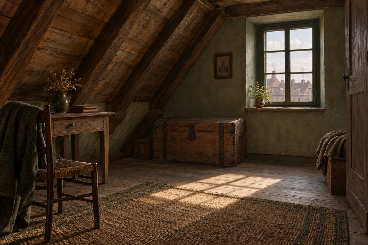 Illustration contemporaine : Coffre de bois sous une fenêtre dans une mansarde, table, chaise et poutres apparentes.