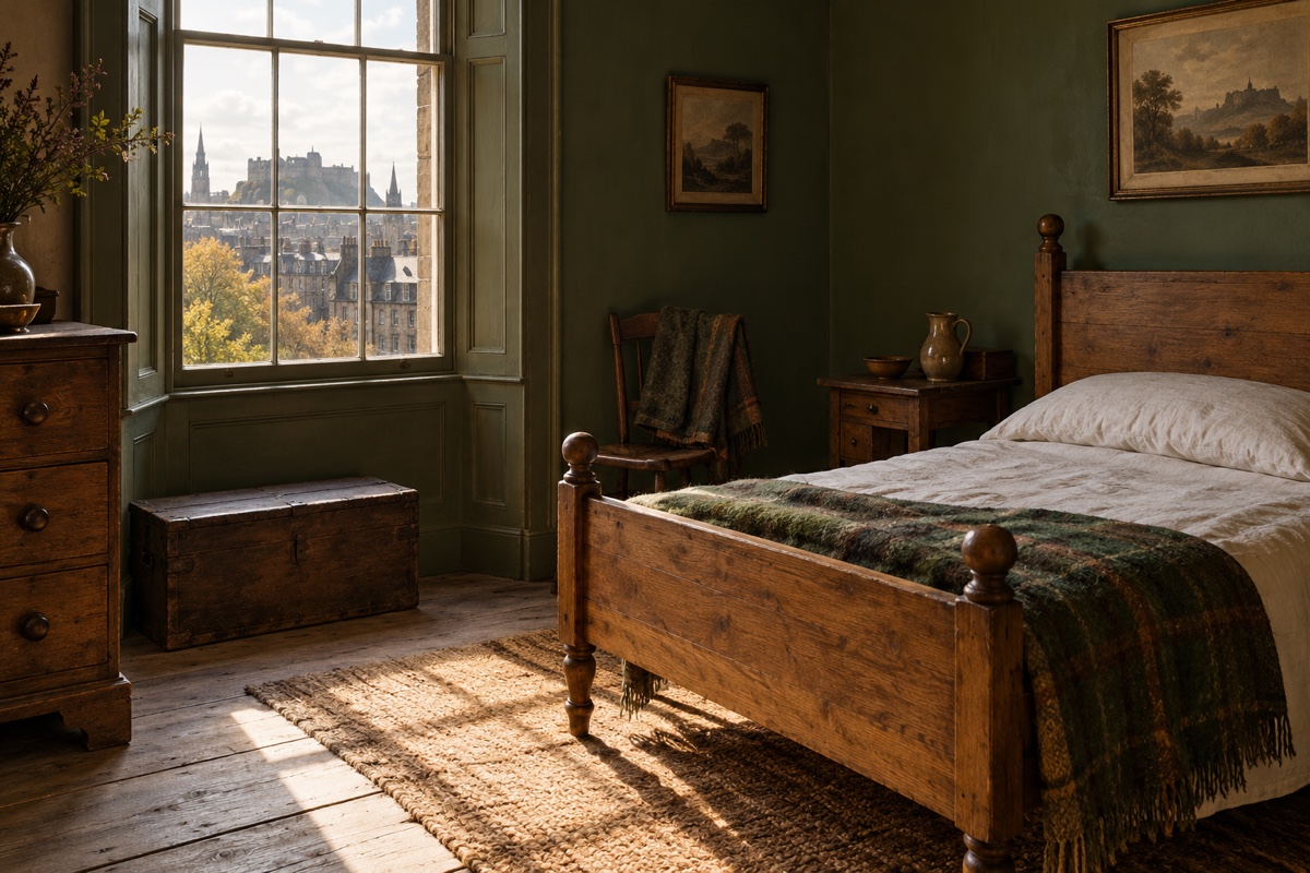 Illustration contemporaine : Lit, chaise et coffre dans une chambre éclairée par une fenêtre donnant sur une ville.