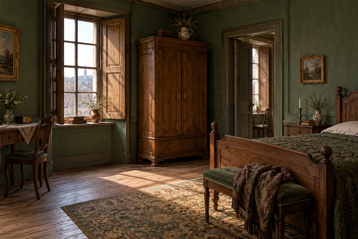 Illustration contemporaine : Chambre vide avec lit, armoire et volets ouverts autour d’une fenêtre.