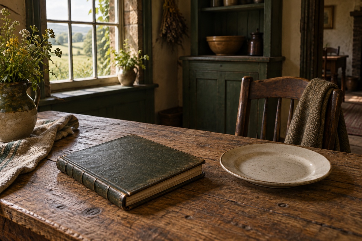 Illustration contemporaine : Assiette vide et livre fermé sur une table rustique devant une fenêtre donnant sur la campagne.